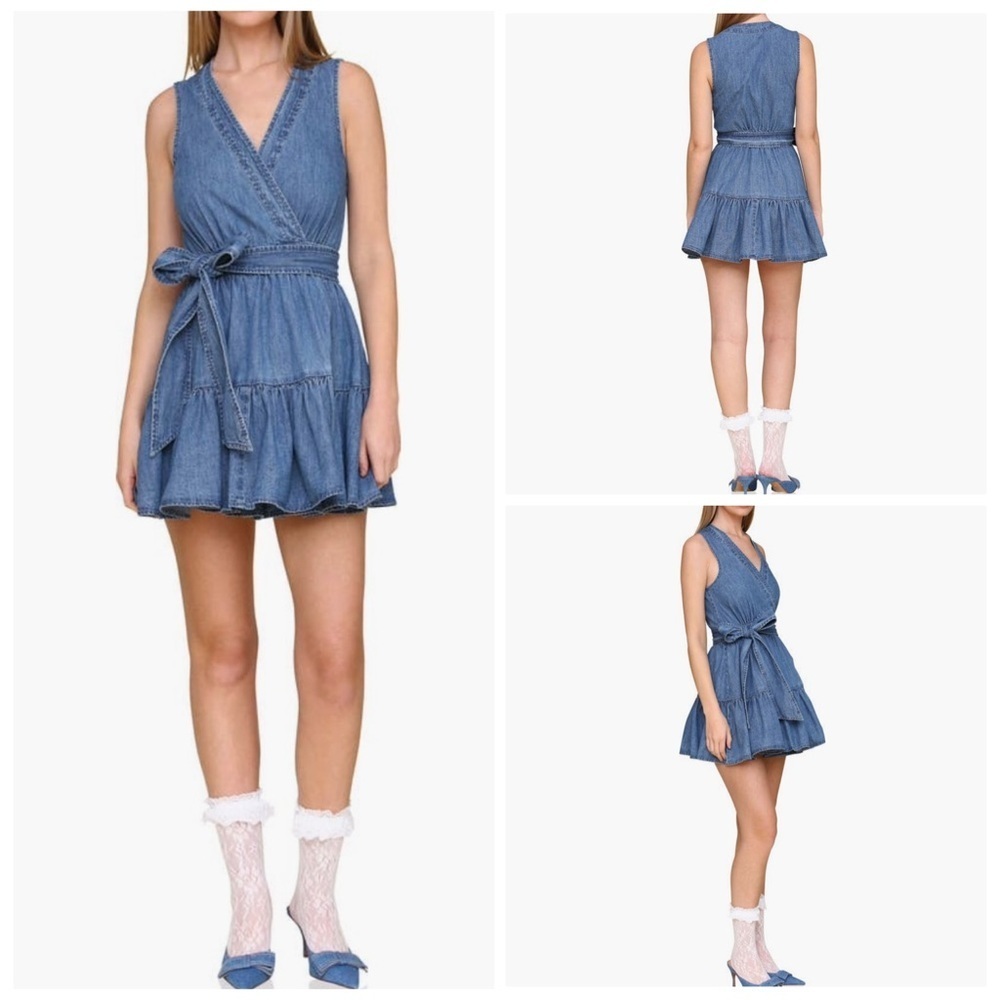 NWT Avec Les Filles Denim Tie Waist Blue Wrap Mini Dress